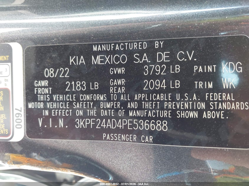 KIA FORTE 2023 VIN 3KPF24AD4PE536688