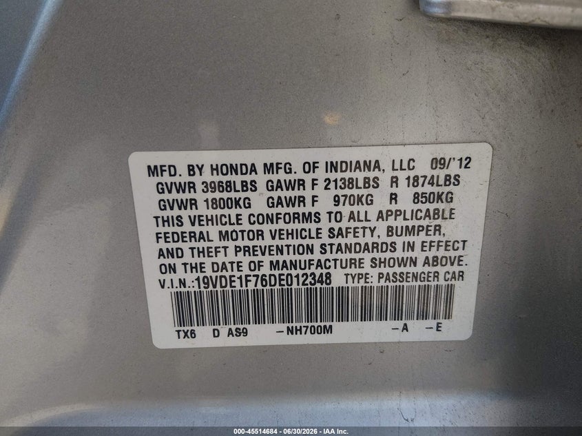 2013 Acura Ilx 2.0L VIN: 19VDE1F76DE012348 Lot: 45514684