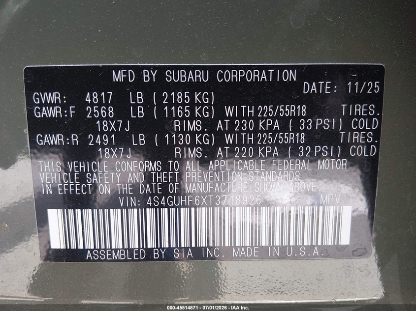 2026 SUBARU XV SPORT UTILITY VEHICLE 2.5L H-4 DI, DOHC, VVT, 180HP