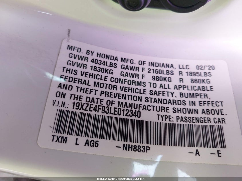2020 Honda Insight Touring VIN: 19XZE4F93LE012340 Lot: 45514885