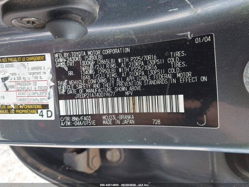 2004 TOYOTA HIGHLANDER SPORT UTILITY VEHICLE 3.3L V-6 DOHC, VVT, 230HP