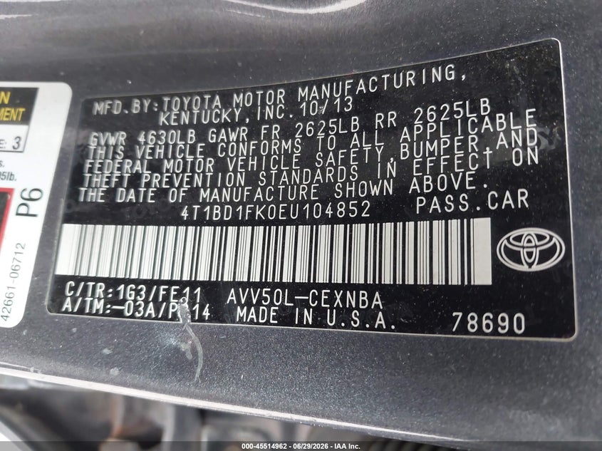 2014 TOYOTA CAMRY SEDAN 2.5L I-4 DOHC, VVT, 156HP