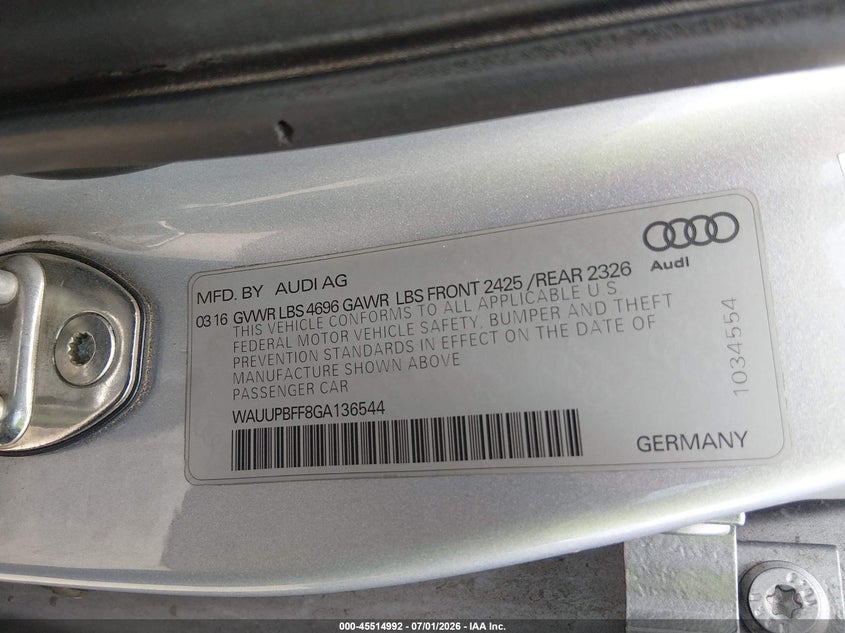 2016 Audi A3 E-Tron 1.4T Premium VIN: WAUUPBFF8GA136544 Lot: 45514992