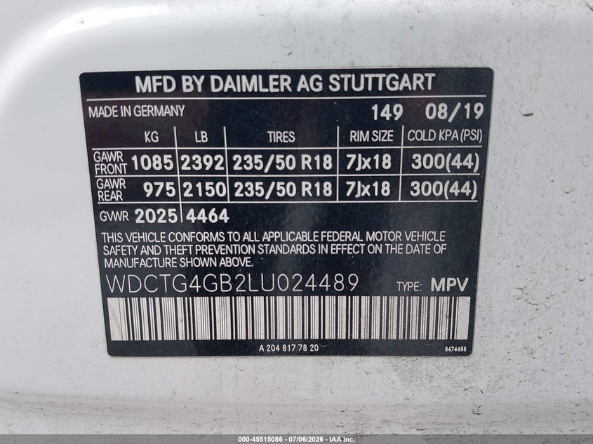 2020 Mercedes-Benz Gla 250 4Matic VIN: WDCTG4GB2LU024489 Lot: 45515086