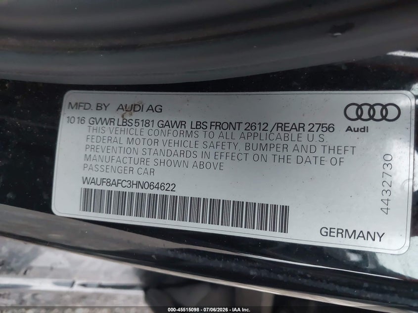 2017 Audi A6 Premium VIN: WAUF8AFC3HN064622 Lot: 45515098