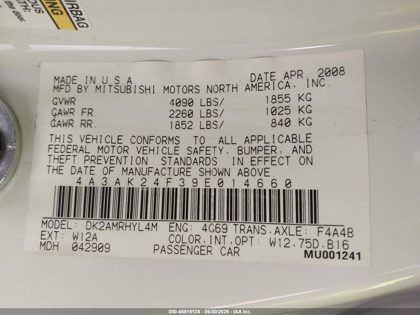 2009 Mitsubishi Eclipse Gs VIN: 4A3AK24F39E014660 Lot: 45515124