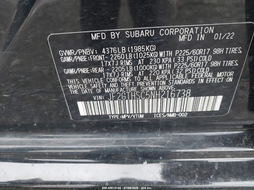 2022 SUBARU XV SPORT UTILITY VEHICLE 2.5L H-4 DI, DOHC, VVT, 182HP