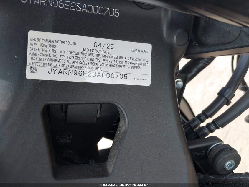 2025 Yamaha Mtm890 VIN: JYARN96E2SA000705 Lot: 45515157
