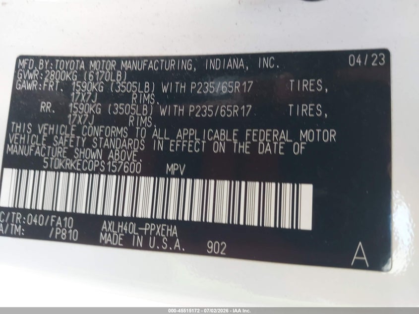 2023 Toyota Sienna Le VIN: 5TDKRKEC0PS157600 Lot: 45515172