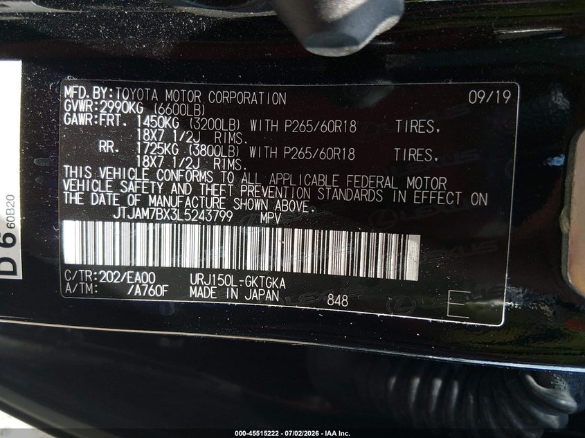 2020 Lexus Gx 460 Premium VIN: JTJAM7BX3L5243799 Lot: 45515222