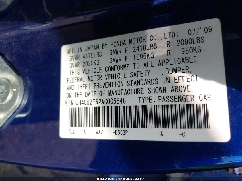 2010 Acura Tsx 2.4 VIN: JH4CU2F62AC005546 Lot: 45515308