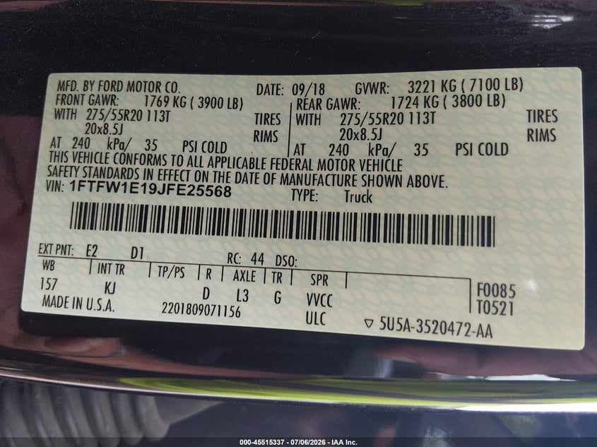 2018 FORD F-150 TRUCK 3L V6 FI DOHC 24V NF4