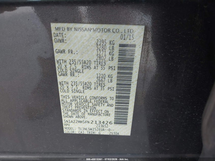 2015 Nissan Murano Platinum VIN: 5N1AZ2MH5FN213426 Lot: 45515361