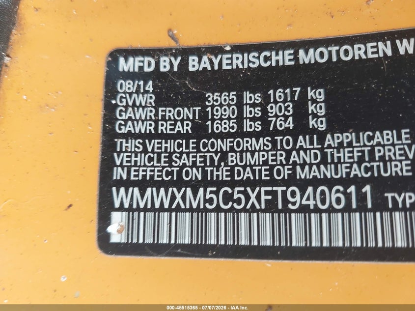 2015 Mini Hardtop Cooper VIN: WMWXM5C5XFT940611 Lot: 45515365