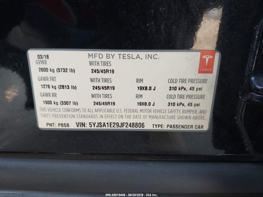 2018 Tesla Model S 100D/75D/P100D VIN: 5YJSA1E29JF248806 Lot: 45515406