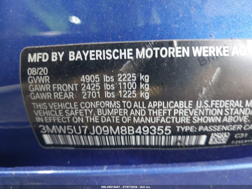 2021 BMW 3 Series M340I VIN: 3MW5U7J09M8B49355 Lot: 45515407