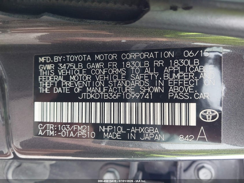 2015 Toyota Prius C Three VIN: JTDKDTB36F1099741 Lot: 45515439