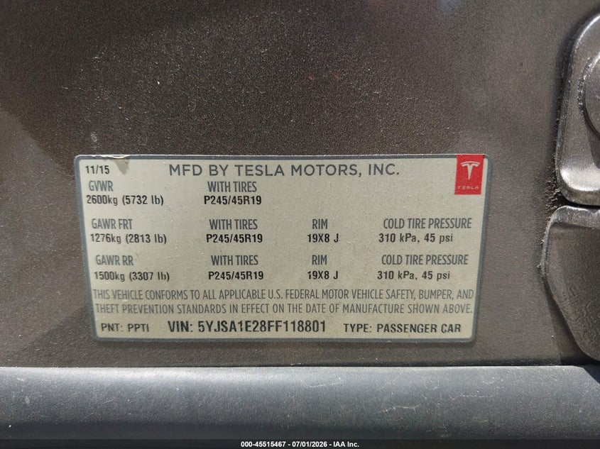 2015 Tesla Model S 70D/85D/P85D VIN: 5YJSA1E28FF118801 Lot: 45515467