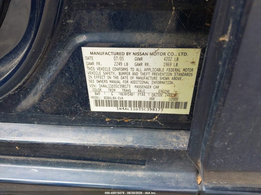 NISSAN ALTIMA 2005 VIN 1N4AL11D35C398173