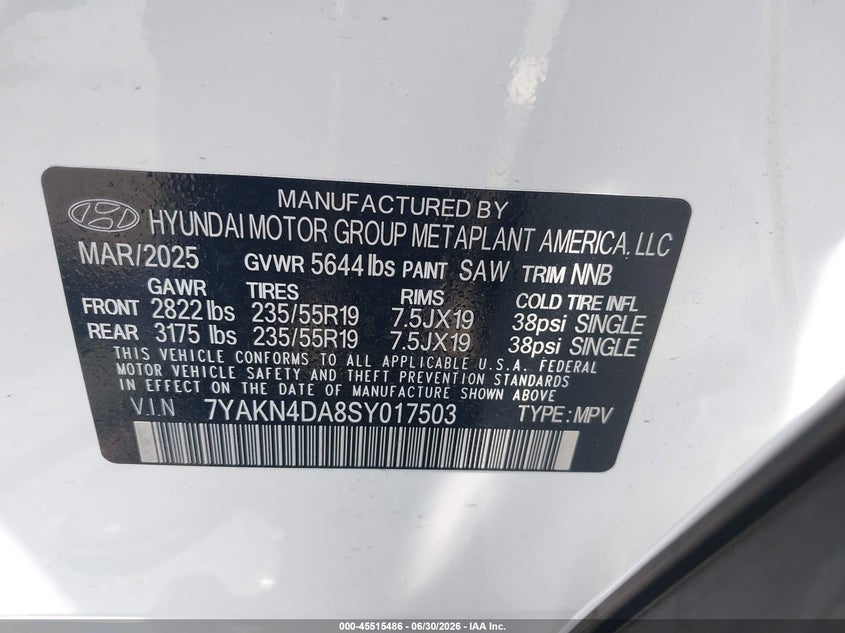 2025 Hyundai Ioniq 5 Sel VIN: 7YAKN4DA8SY017503 Lot: 45515486
