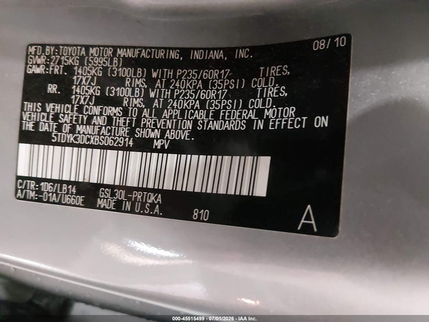 2011 TOYOTA SIENNA VAN 3.5L V-6 DOHC, VVT, 265HP