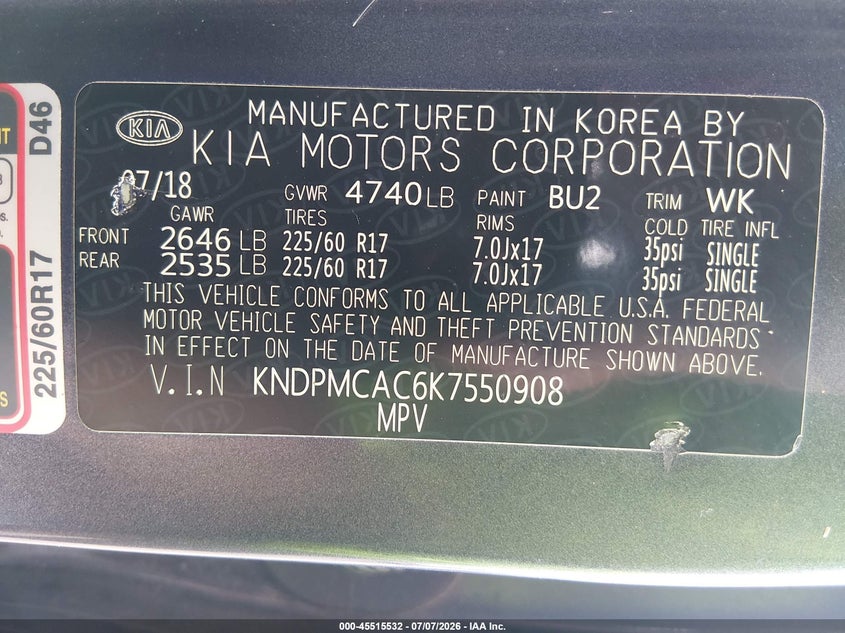 2019 Kia Sportage Lx VIN: KNDPMCAC6K7550908 Lot: 45515532