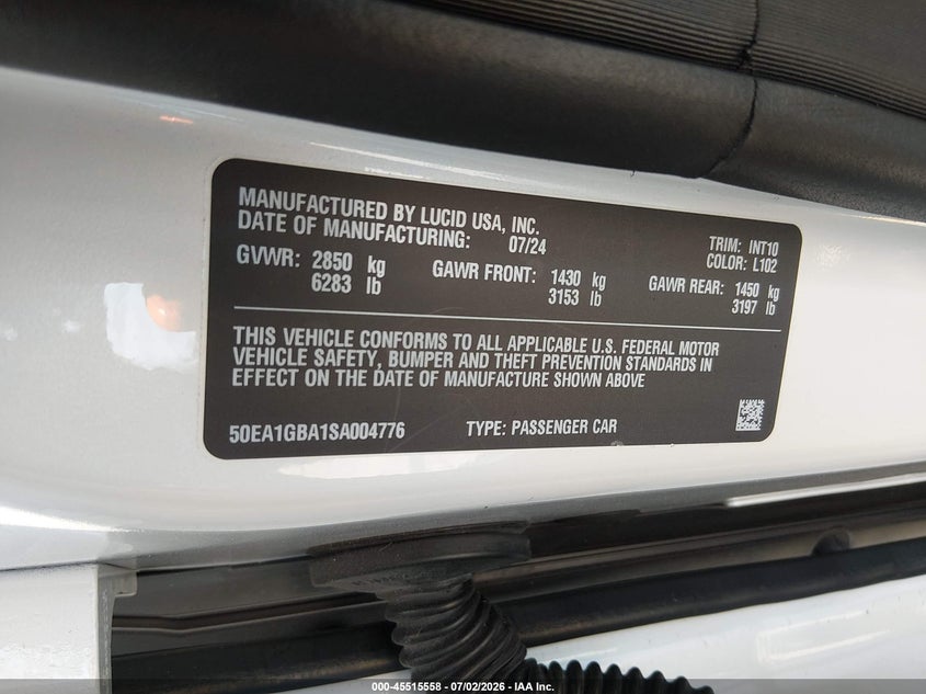 2025 Lucid Air Grand Touring VIN: 50EA1GBA1SA004776 Lot: 45515558