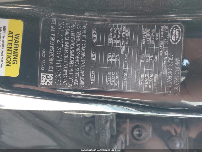 2021 Land Rover Range Rover Evoque S VIN: SALZJ2FX5MH122972 Lot: 45515563