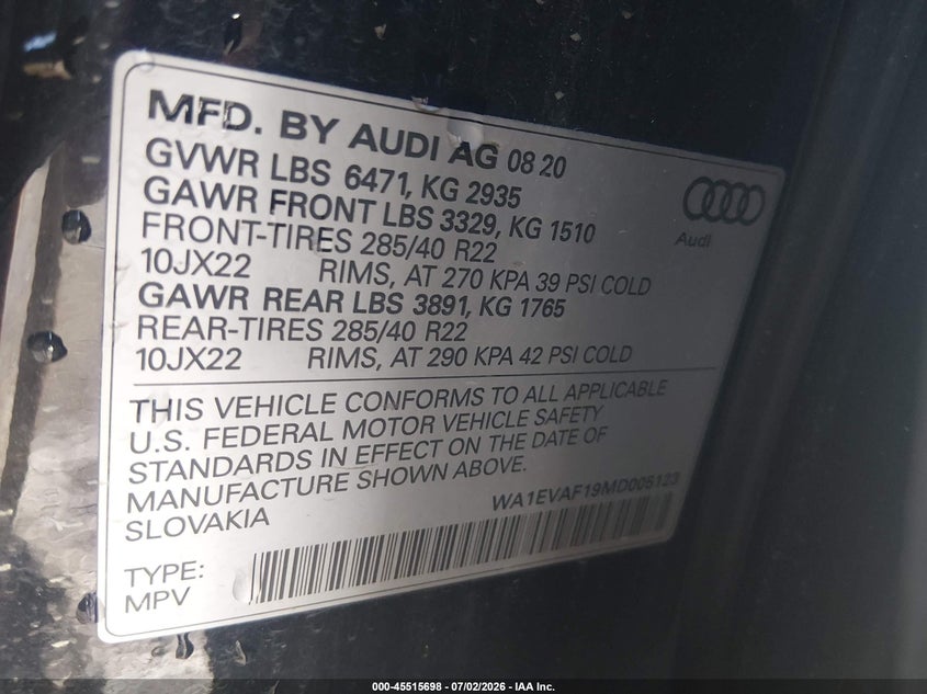 2021 Audi Q8 Premium Plus 55 Tfsi Quattro Tiptronic VIN: WA1EVAF19MD005123 Lot: 45515698