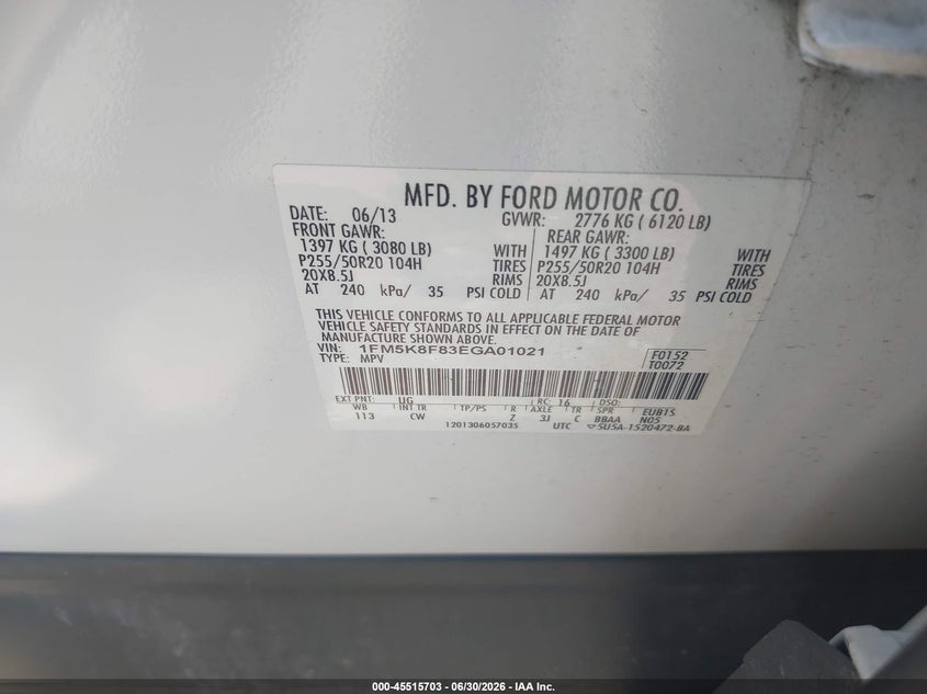 FORD EXPLORER 2014 VIN 1FM5K8F83EGA01021