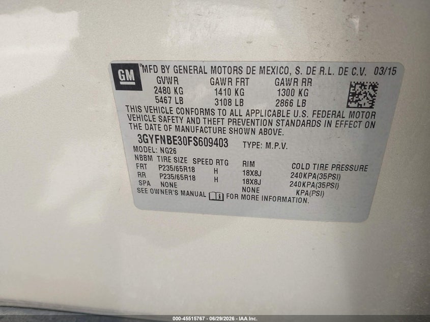 CADILLAC SRX 2015 VIN 3GYFNBE30FS609403