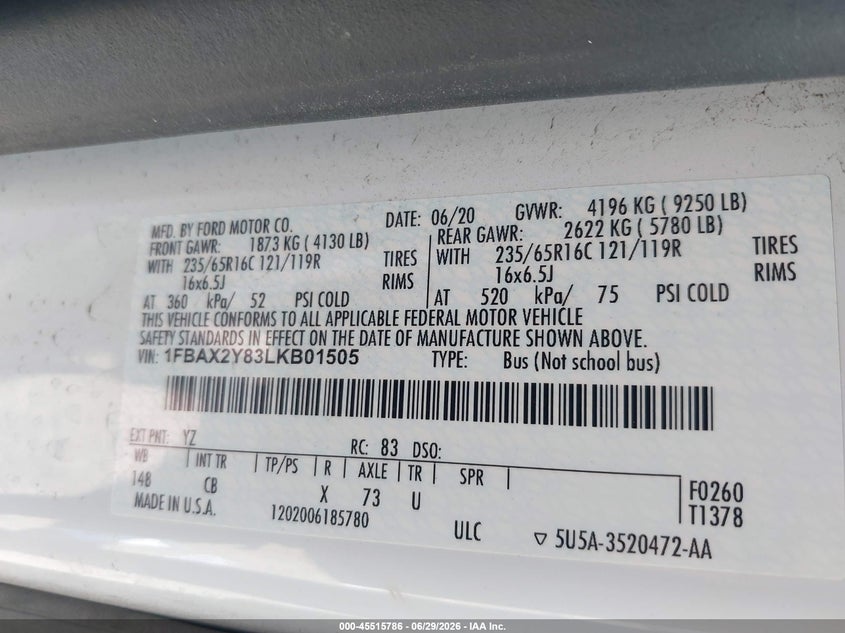 2020 Ford Transit-350 Passenger Van Xl/Xlt VIN: 1FBAX2Y83LKB01505 Lot: 45515786
