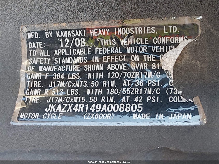 2009 Kawasaki Zx600 R VIN: JKAZX4R149A008805 Lot: 45515832