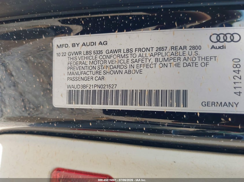 2023 Audi A6 Premium 45 Tfsi Quattro S Tronic VIN: WAUD3BF21PN021527 Lot: 45515861
