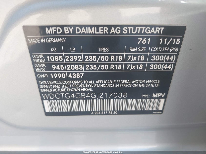 2016 Mercedes-Benz Gla 250 4Matic VIN: WDCTG4GB4GJ217038 Lot: 45515882