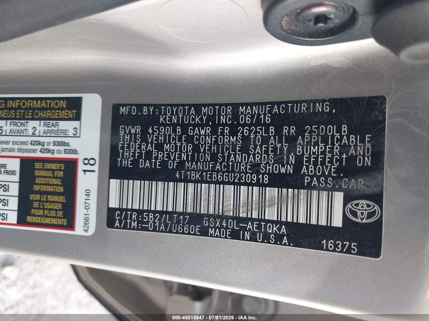 2016 Toyota Avalon Touring VIN: 4T1BK1EB6GU230918 Lot: 45515947
