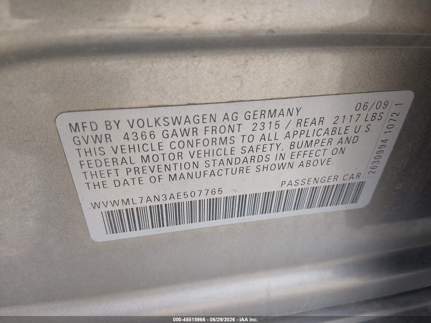 2010 Volkswagen Cc Sport VIN: WVWML7AN3AE507765 Lot: 45515966