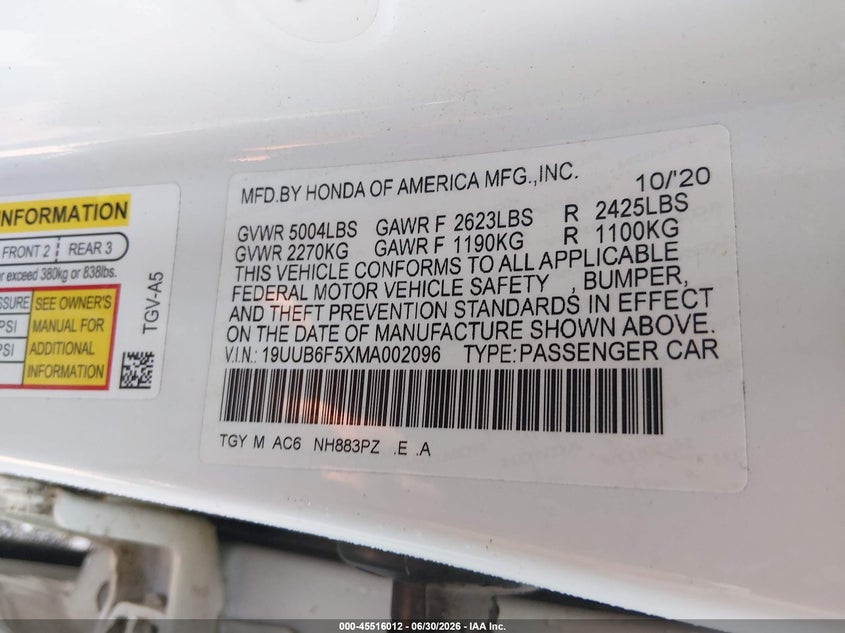 ACURA TLX 2021 VIN 19UUB6F5XMA002096