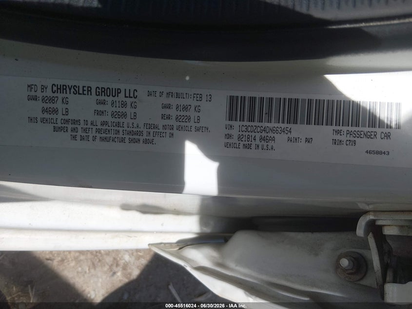 2013 Dodge Avenger Sxt VIN: 1C3CDZCG4DN663454 Lot: 45516024