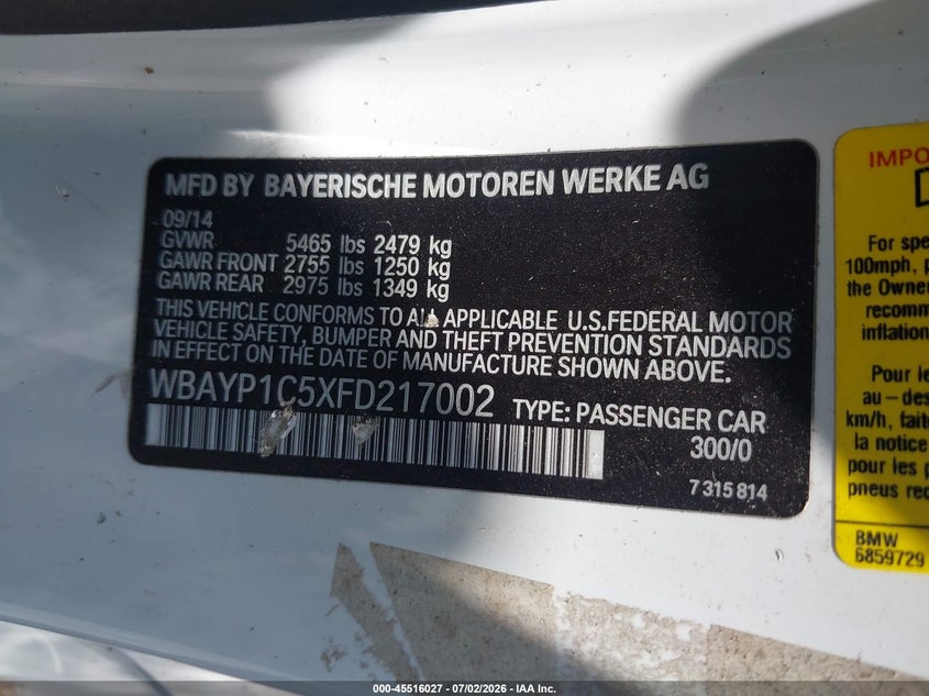 2015 BMW 650I xDrive VIN: WBAYP1C5XFD217002 Lot: 45516027