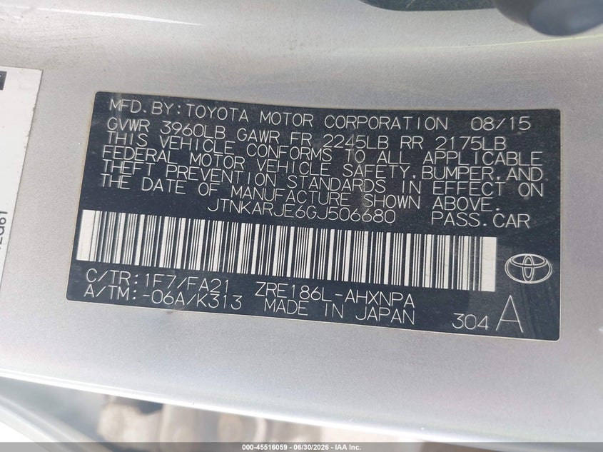 2016 Scion Im VIN: JTNKARJE6GJ506680 Lot: 45516059
