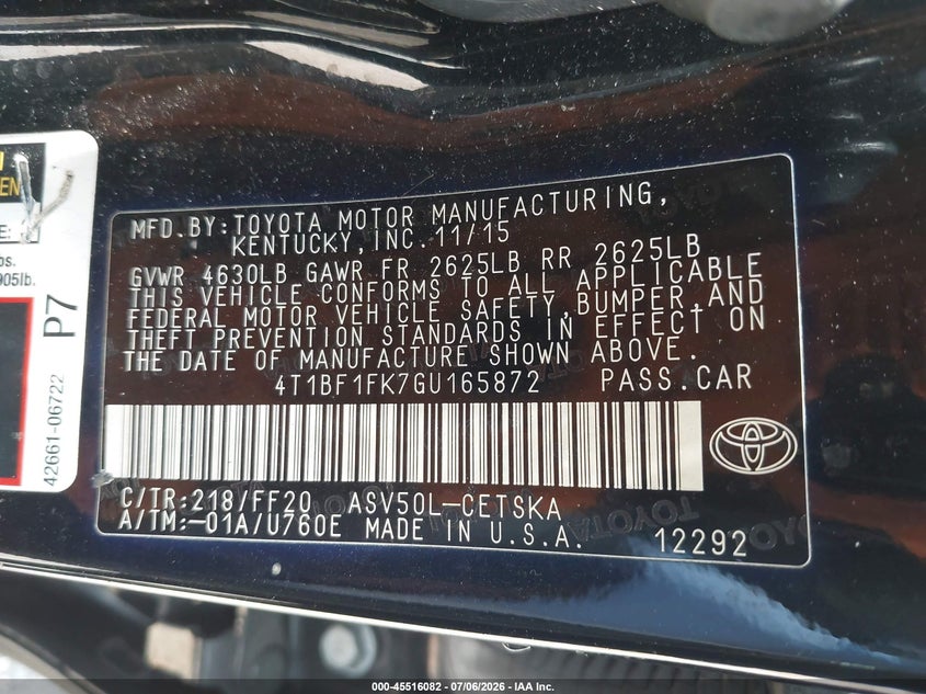 2016 TOYOTA CAMRY SEDAN N/A