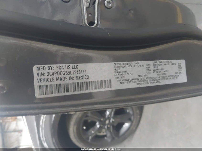 2020 DODGE JOURNEY SPORT UTILITY VEHICLE 2.4L I-4 DOHC, VVT, 173HP