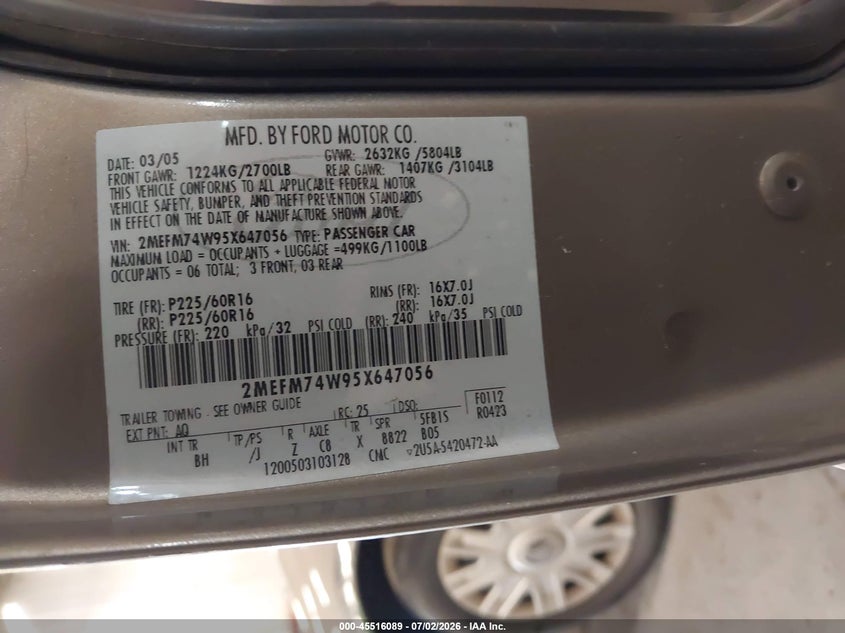 2006 Mercury Grand Marquis Gs VIN: 2MEFM74W96X647056 Lot: 45516089