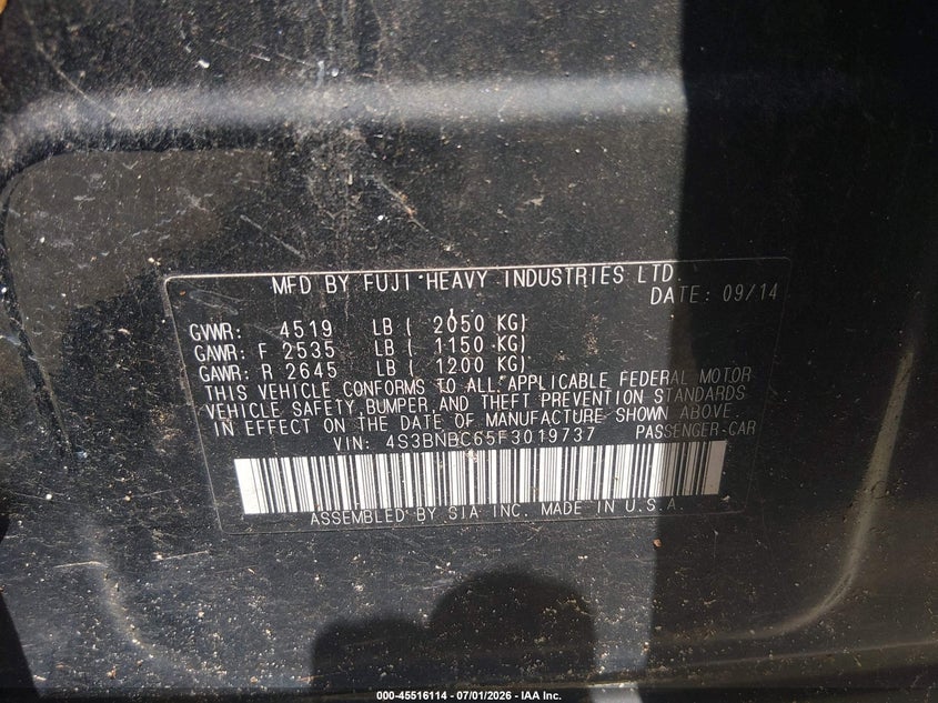 SUBARU LEGACY 2015 VIN 4S3BNBC65F3019737