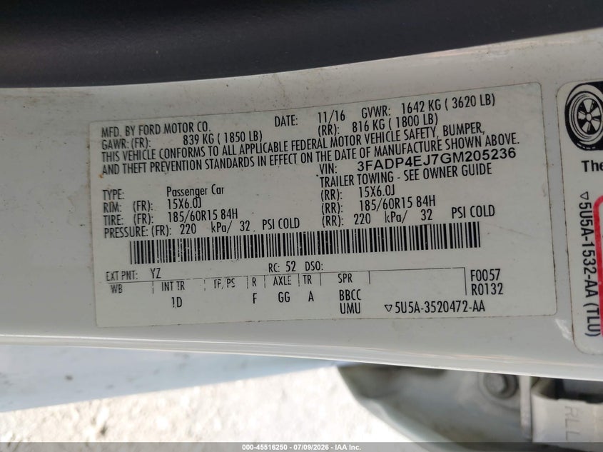2016 Ford Fiesta Se VIN: 3FADP4EJ7GM205236 Lot: 45516250