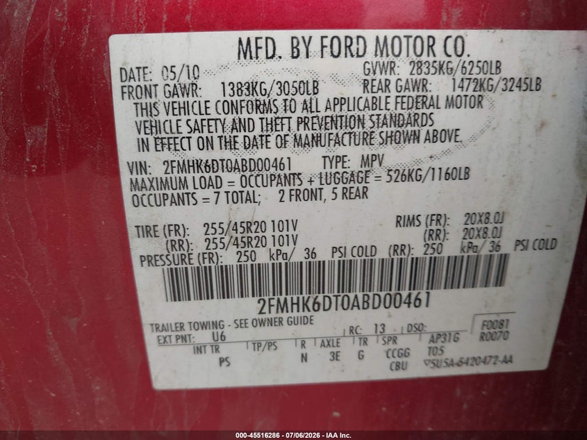 2010 Ford Flex Limited VIN: 2FMHK6DT0ABD00461 Lot: 45516286