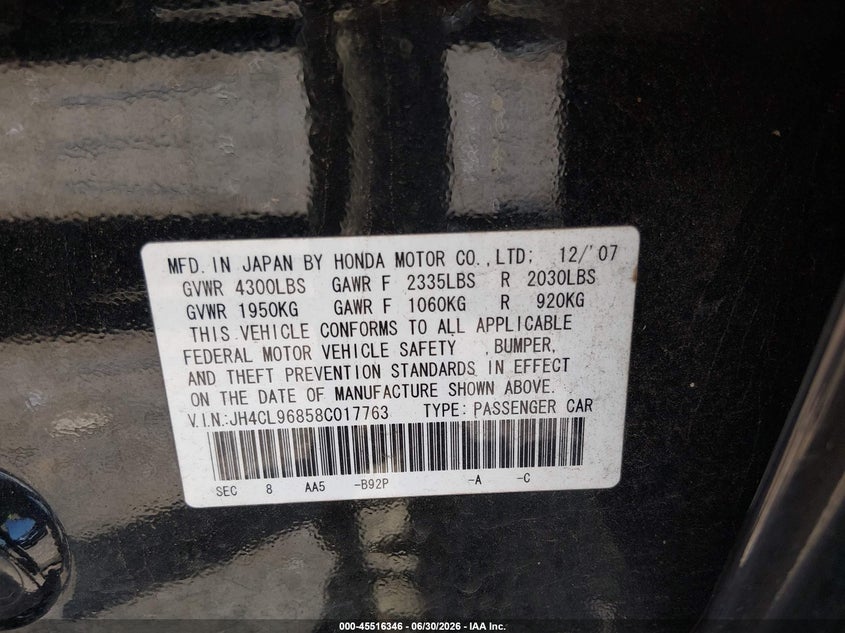 2008 Acura Tsx VIN: JH4CL96858C017763 Lot: 45516346