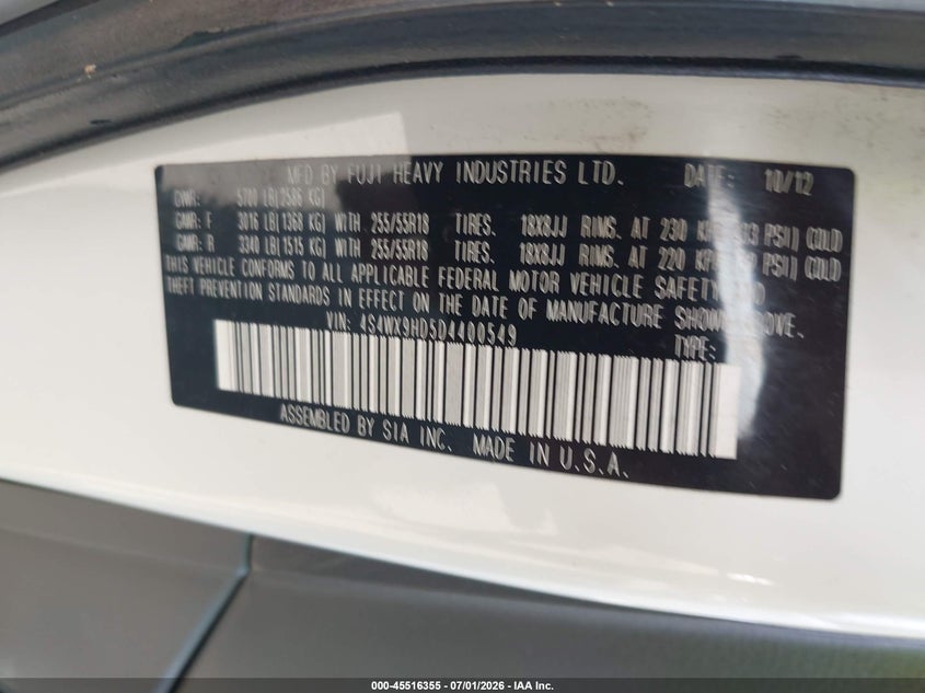 2013 Subaru Tribeca 3.6R Limited VIN: 4S4WX9HD5D4400549 Lot: 45516355