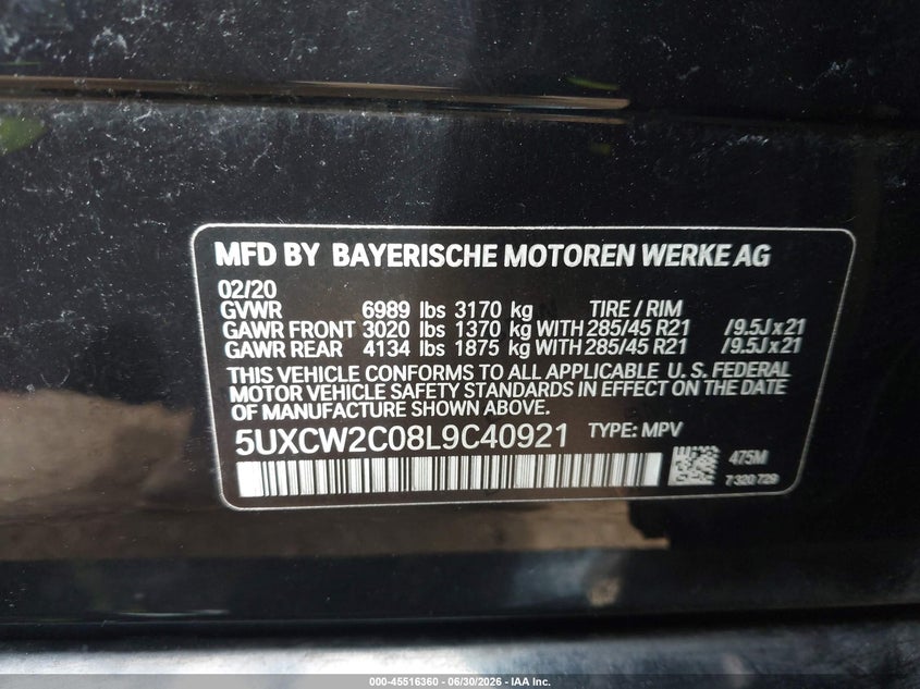 2020 BMW X7 SPORT UTILITY VEHICLE 3.0L I-6 DI, DOHC, VVT, TURBO, 335HP